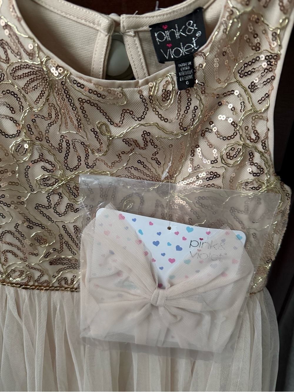 NWT Pink & Violet Girls Gold / Beige Sequin Tulle Party Dress with headband - Picture 4 of 5